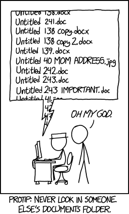 A comic figure is looking over the shoulder of another and is shocked by a list of files with names like 'Untitled 138 copy.docx' and 'Untitled 243.doc'. Caption: 'Protip: Never look in someone else's documents folder'