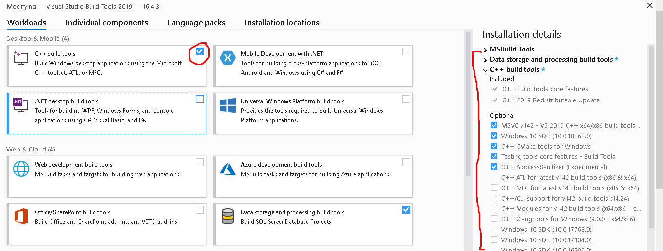 Workloads tab showing the C++ build tools selected