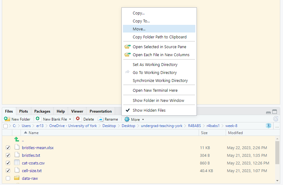 Rstudio Files pane showing the boxes nest to the data files check and the pop-up menu with the Move... option