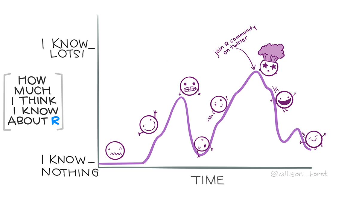 Illustrated line plot of 'How much I think I know about R' on the y-axis, and 'Time' on the x-axis. Along the line are emoji-style faces, showing the non-linear progression of R knowledge over time. At first, a nervous face becomes a happy face early on in learning, then a grimace face at an intermediate peak before a steep decline (with an exhausted face at the local minimum). Then, a determined face charges back up a hill, reaching another peak with a mind-blown face and text annotation 'join R community on twitter' followed by another decline, but this time the faces look happy even though their 'How much I think I know about R' value is declining.