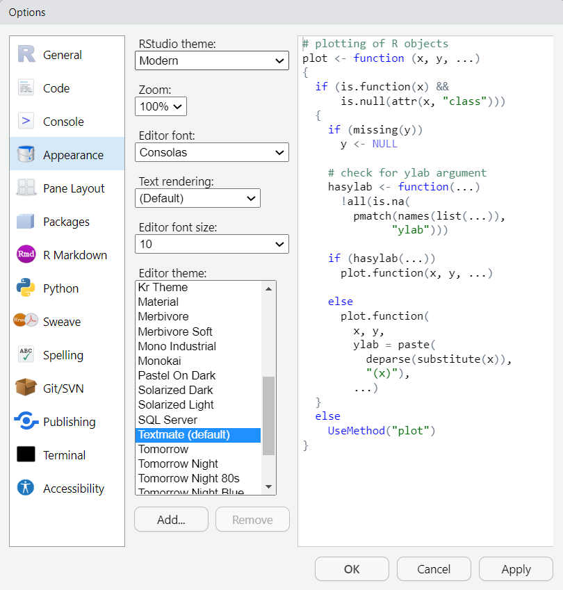 screenshot of RStudio's Global Options window showing the Appearance options