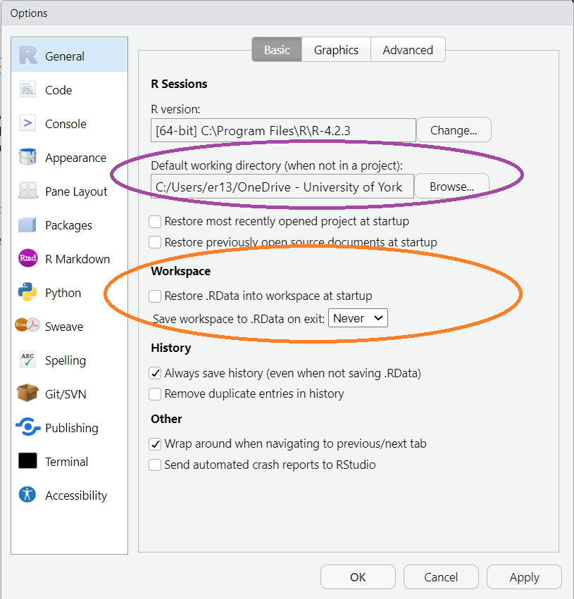 screenshot of RStudio's Global Options window showing the General options