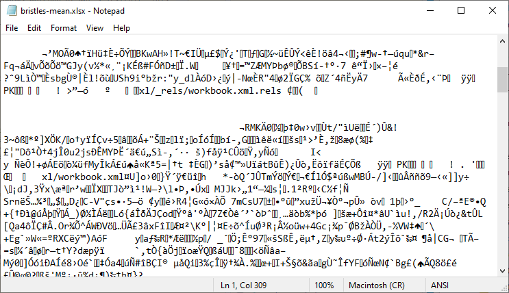 shows an xlsx file open in notpade with a whole load of strange characters. It is unreadable