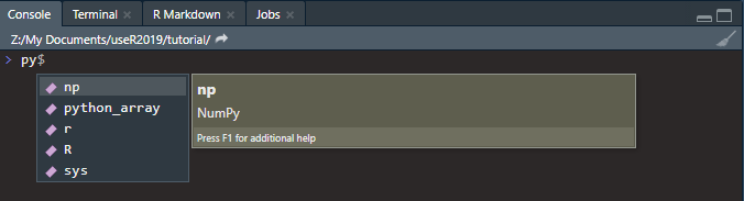image of command completion for py$ showing np, python_array, r, R, sys