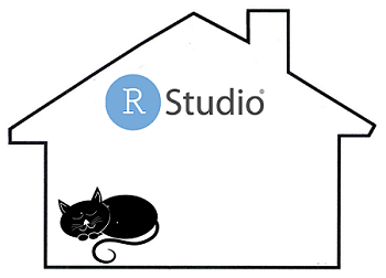 cartoon house labelled RStudio with sleeping cat