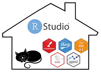 cartoon house labelled RStudio with sleeping cat and tidyverse hex stickers