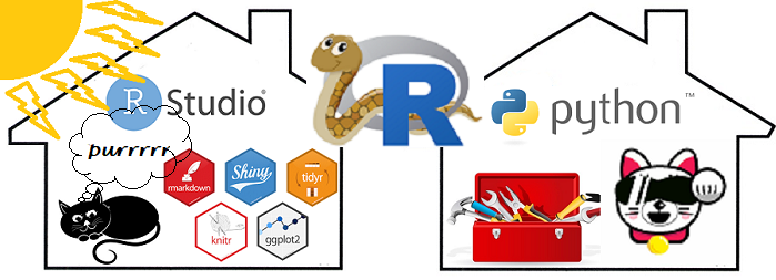 RStudio and Pythonhouses joined by the reticulate package logo