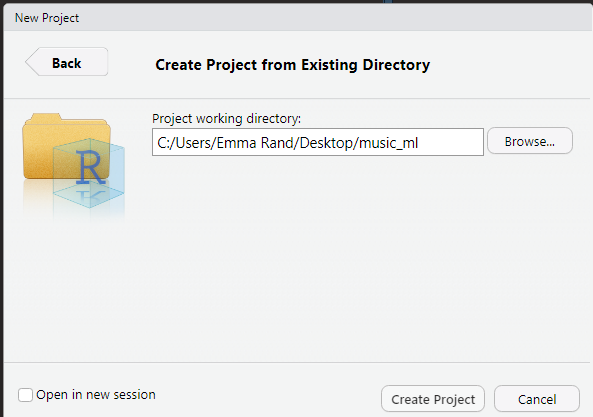 rstudio's Create Project from Existing Directory window