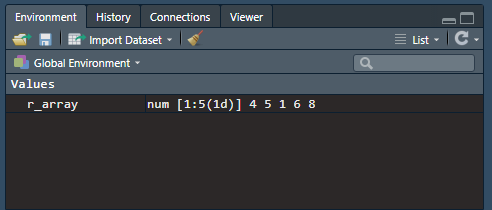 the r environment showing the newly created r_array