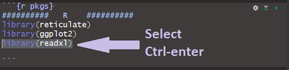 r pkgs code chunk with one line selected and Ctrl-enter indicated
